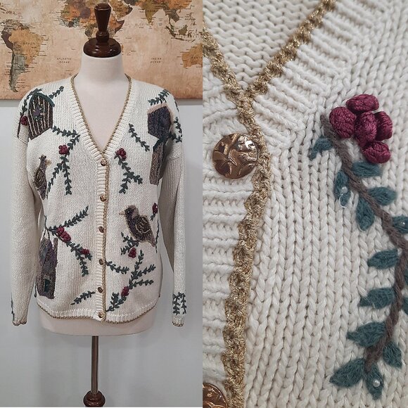 Christopher & Banks Sweaters - Vtg Y2K hand knit & embroidered birds cardigan - Christopher & Banks